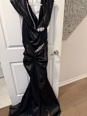 SHEIN Black Satin Prom Gown with Rhinestone Accents